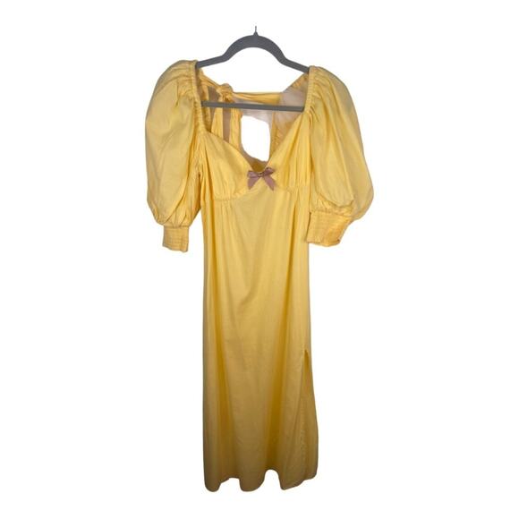 LPA Dress Romantic Milkmaid Cottagecore Puff Sleeve Midi Bow Ribbon Coquette S - Picture 1 of 9